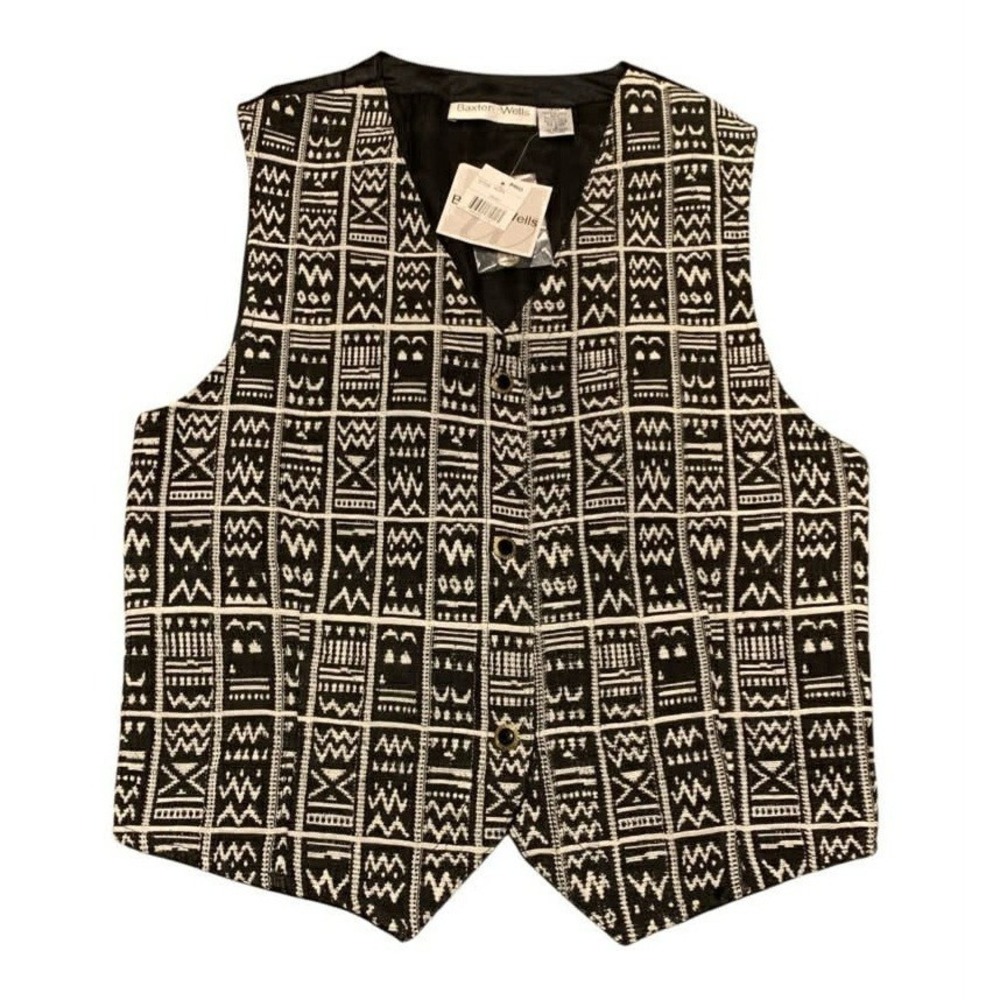 Vintage Baxter & Wells‎ Geometric Tapestry Vest Small Black White Boho 90s NWT